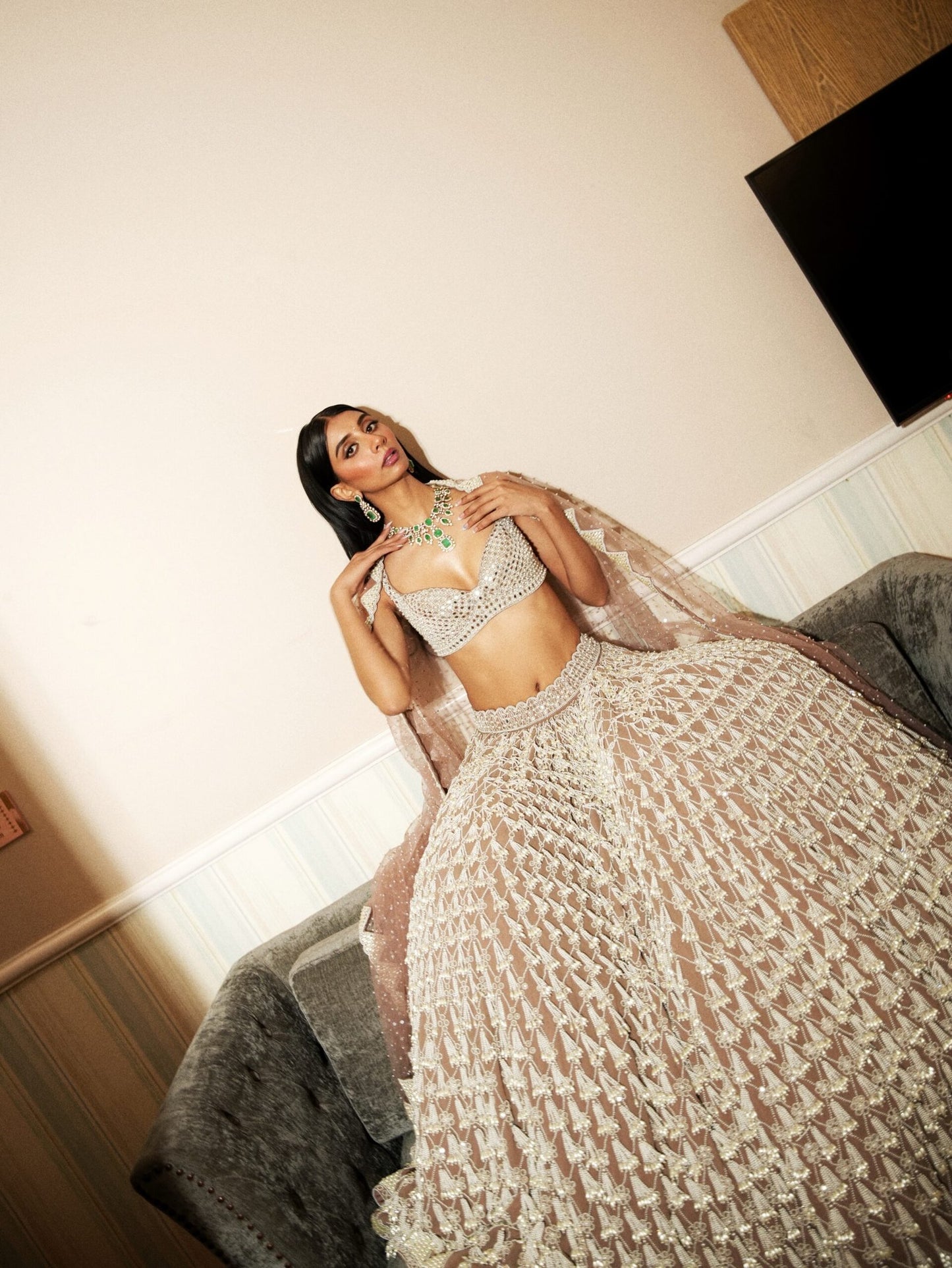 DOLLY SINGH In Deep Beige Chandelier Pearl Drop Lehenga Set