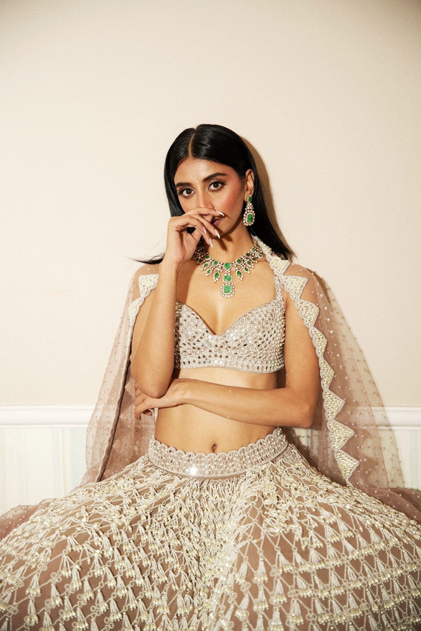 DOLLY SINGH In Deep Beige Chandelier Pearl Drop Lehenga Set