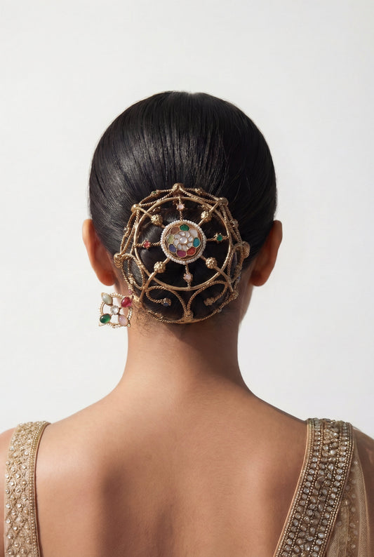 Nitya Colorful Floral Kundan Hair Bun Cage