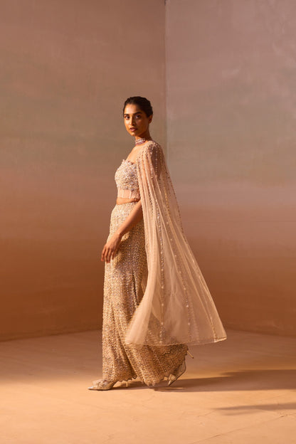 NUDE PALAZO SET WITH CORSET AND VEIL