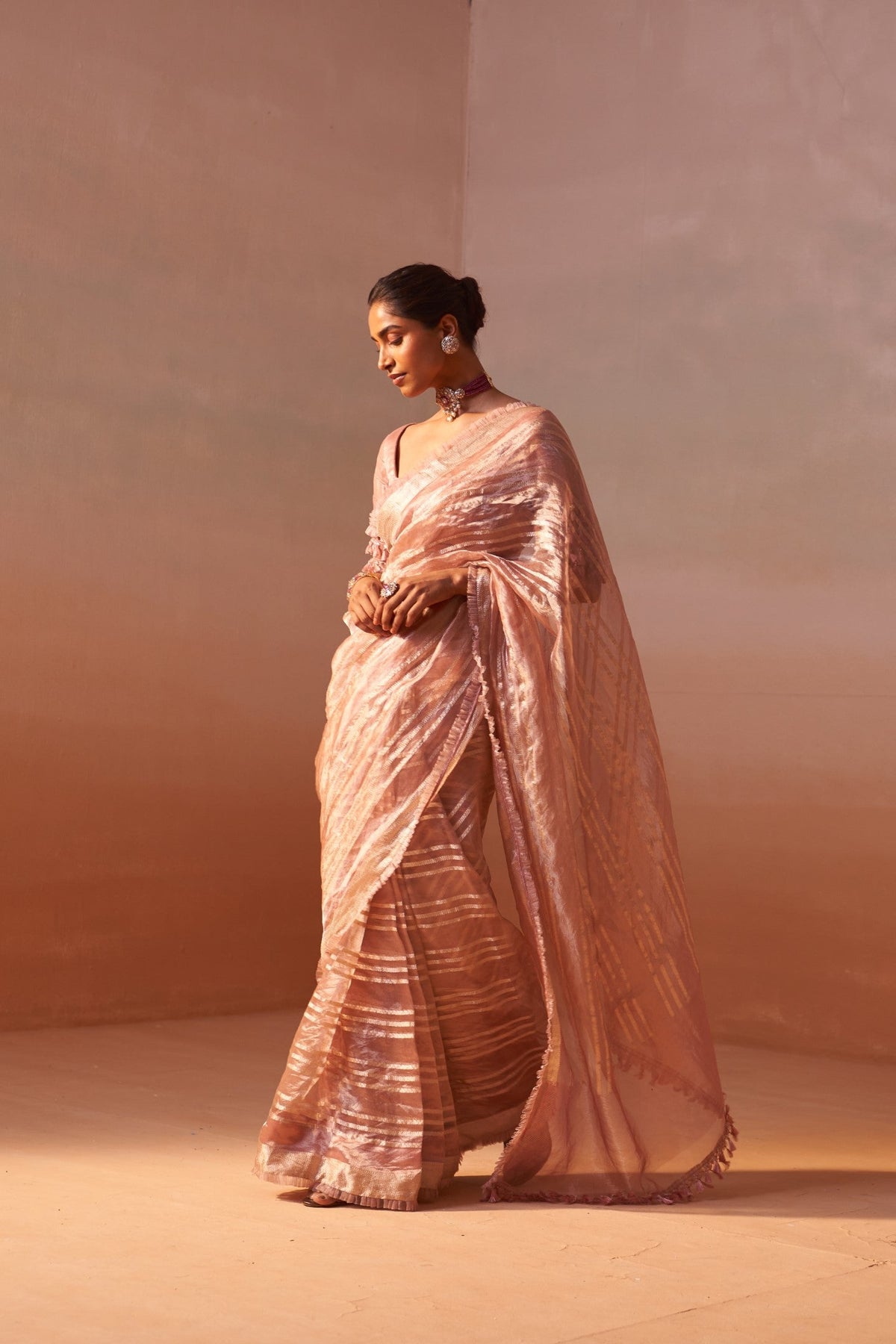 ROSE PINK ORGANZA TISSUE SAREE