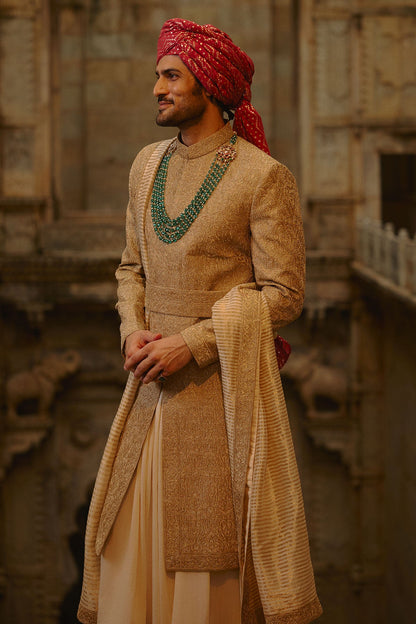 Gold Tussar Sherwani with Choga and Churidar