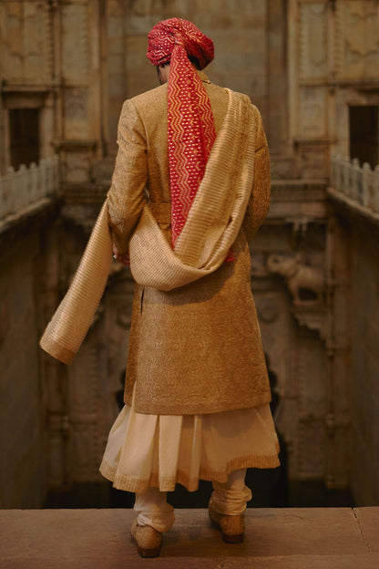 Gold Tussar Sherwani with Choga and Churidar