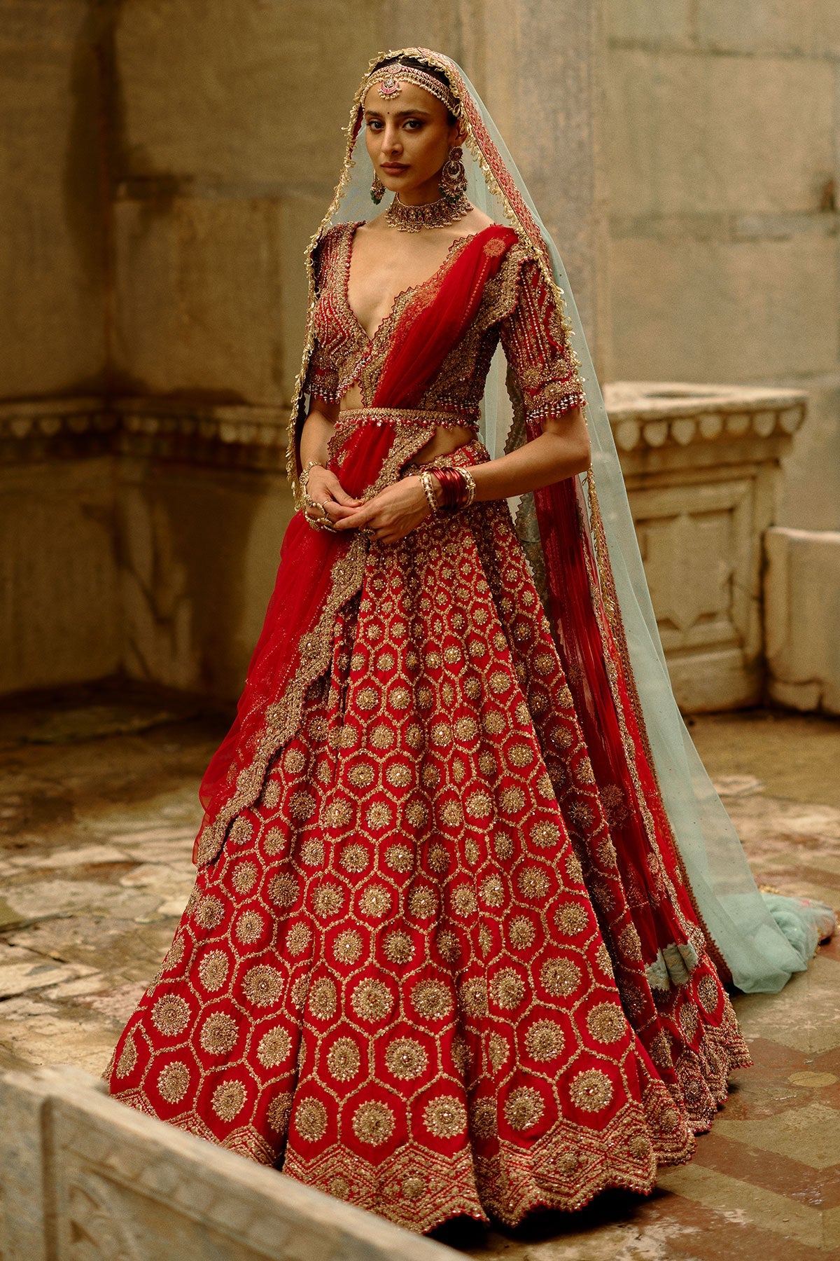 Red Hexagon Raw Silk Lehenga Set