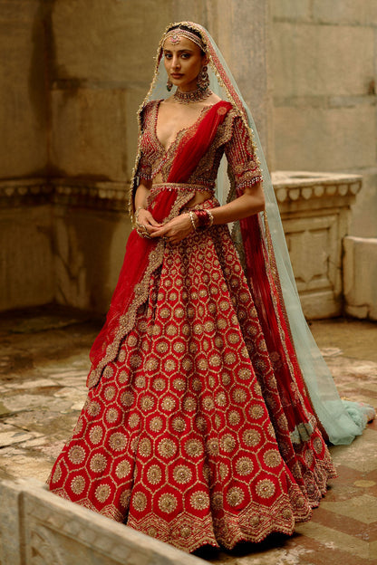 Red Hexagon Raw Silk Lehenga Set