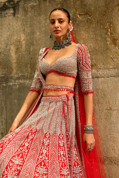 Silver Work Red Lehenga Set