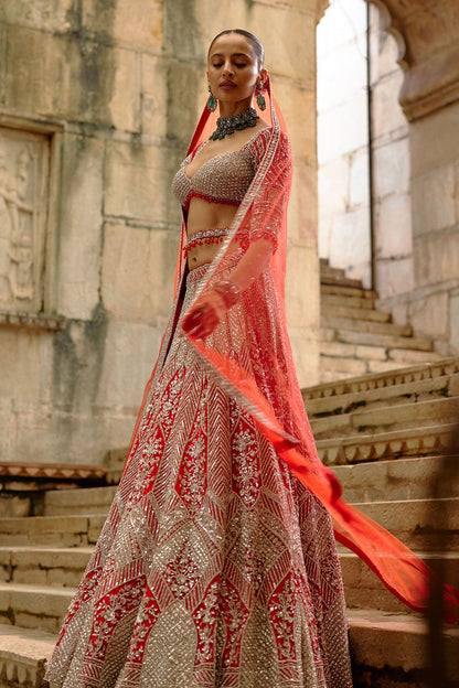 Silver Work Red Lehenga Set