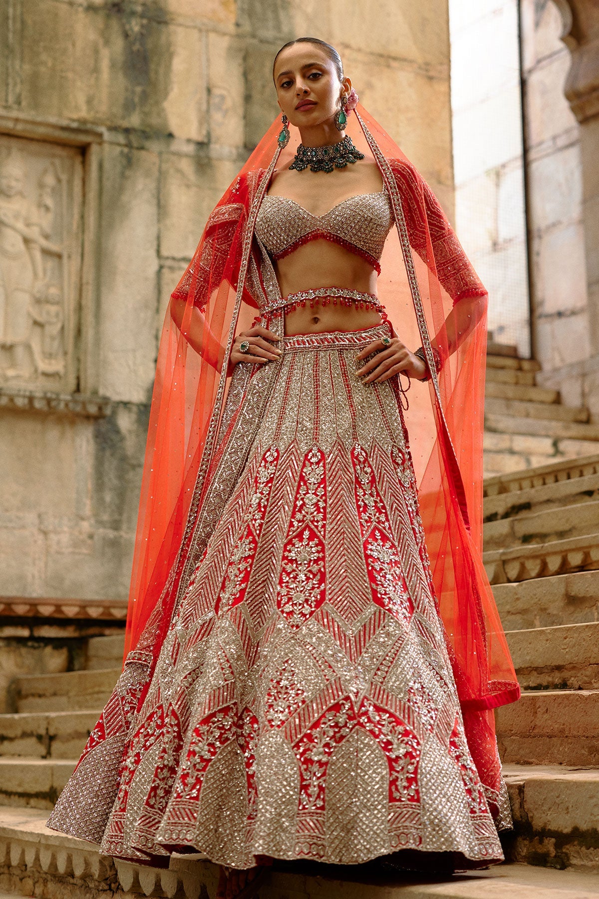 Silver Work Red Lehenga Set