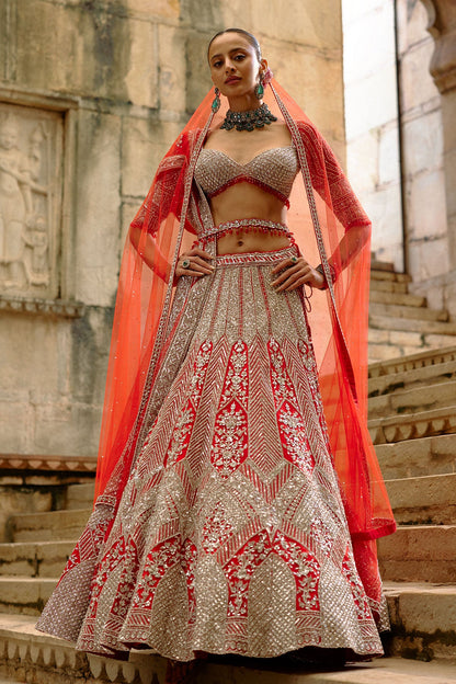Silver Work Red Lehenga Set