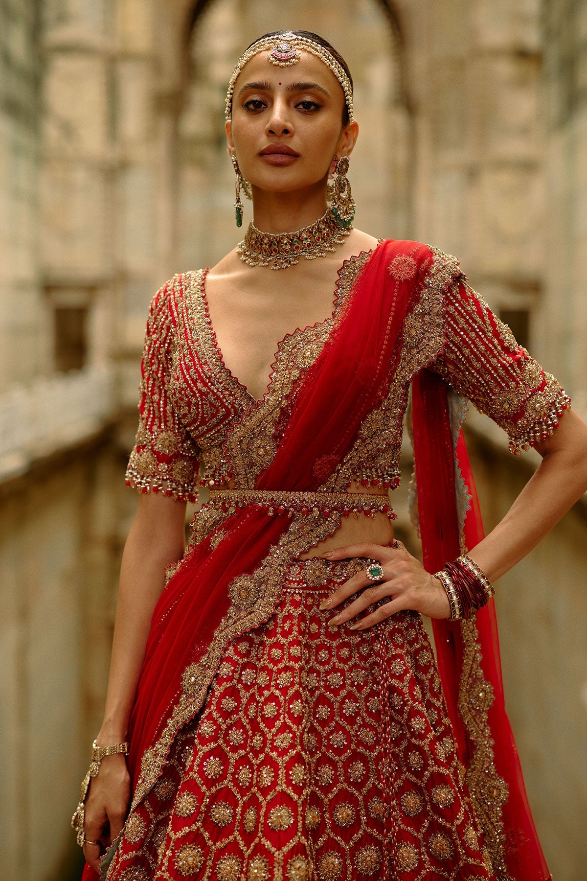 Red Hexagon Raw Silk Lehenga Set