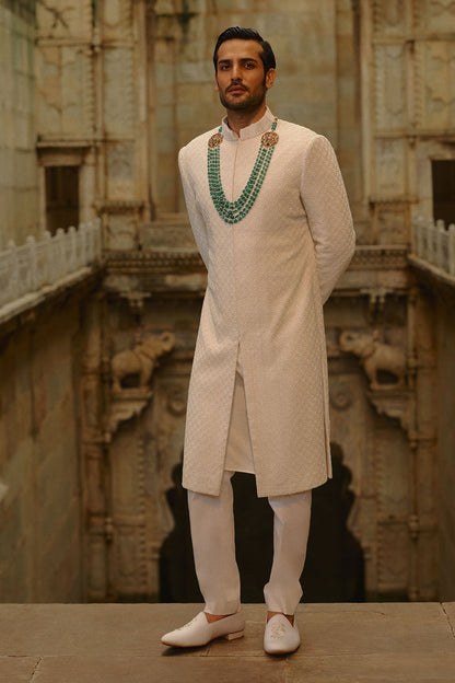 Ivory All Over Geometric Embroidered Sherwani Set