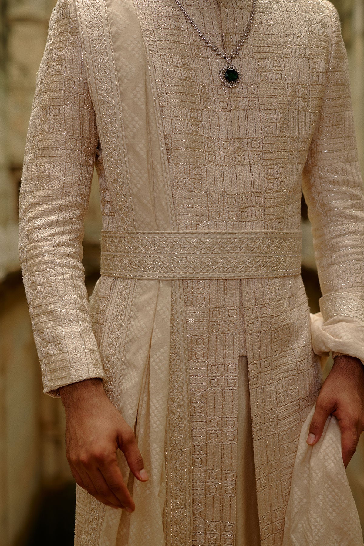 Beige Geometric Embroidered Raw Silk Sherwani Set