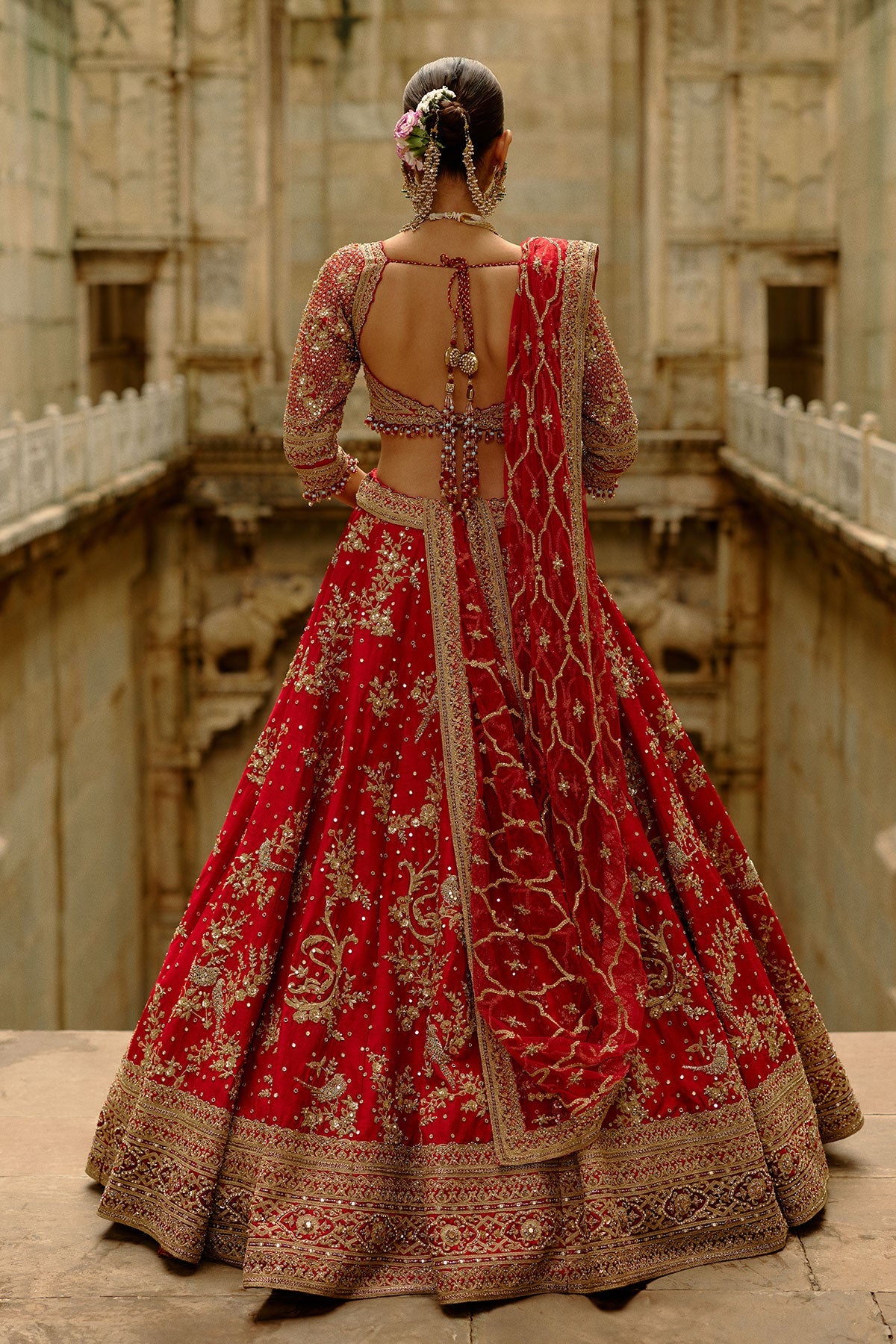 Red Raw Silk Lehenga With Multi-Bead Work