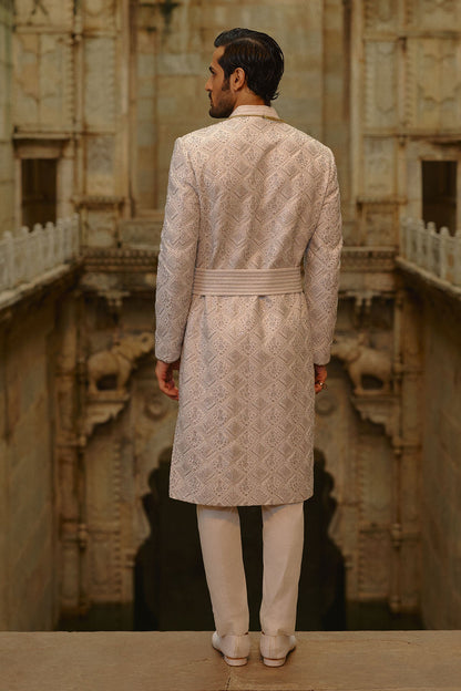 Grey Silver Embroidered Sherwani Set