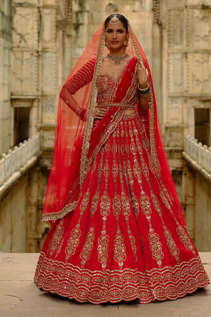 Red Satin Silk Lehenga Set