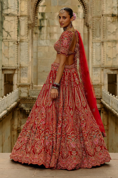 Red Raw Silk Multi-Resham Embroidery Lehenga Set