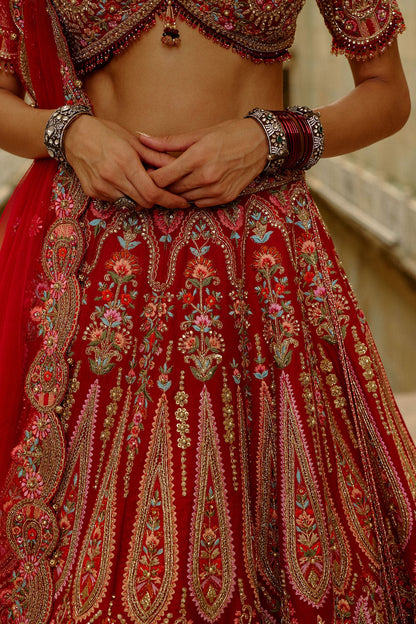 Red Raw Silk Multi-Resham Embroidery Lehenga Set