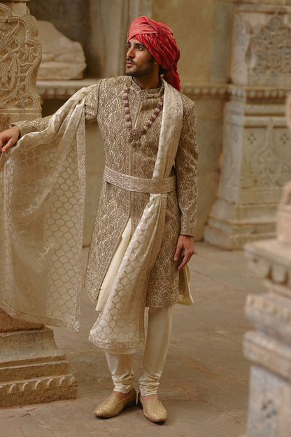 Gold Twill Woven Sherwani Gold Embroidery
