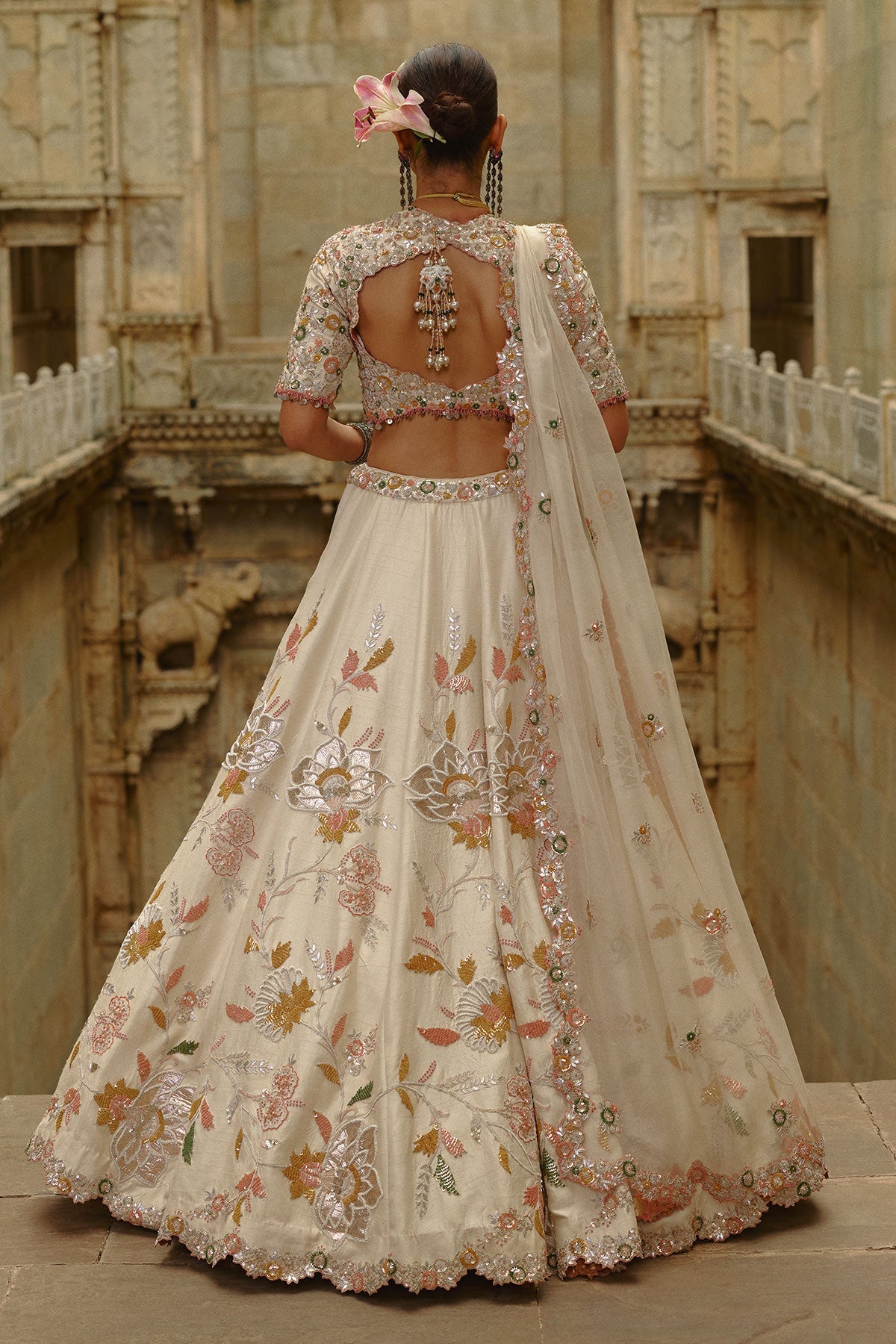 Cream Raw Silk Gota Lehenga Set