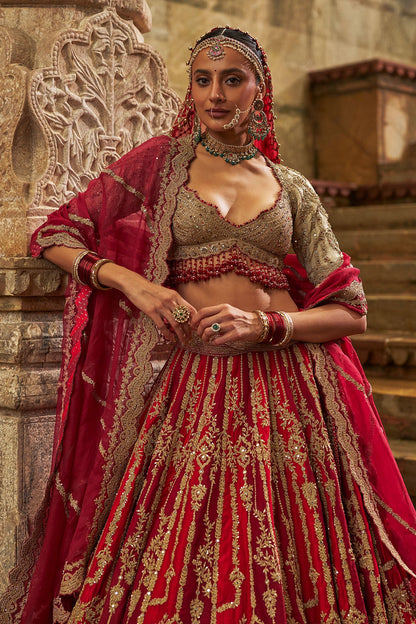 Red Maroon Raw Silk Lehenga Set