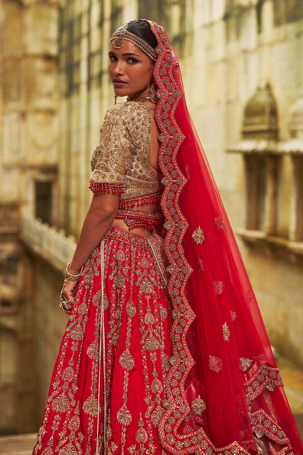 Red Raw Silk Lehenga And Gold Choli Set