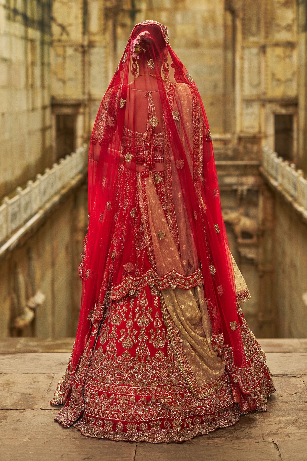 Red Raw Silk Lehenga And Gold Choli Set