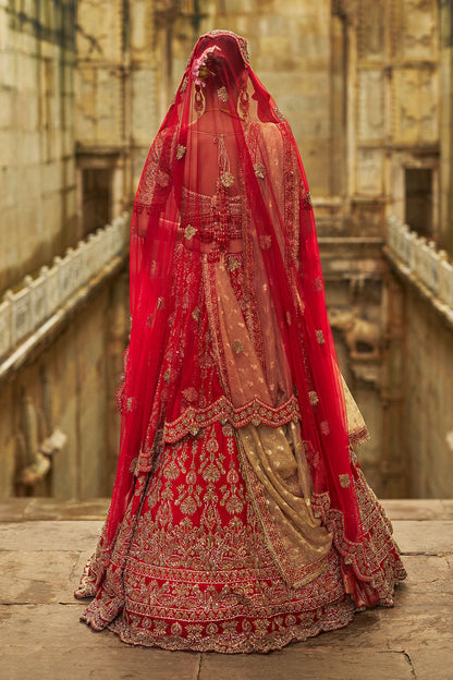 Red Raw Silk Lehenga And Gold Choli Set