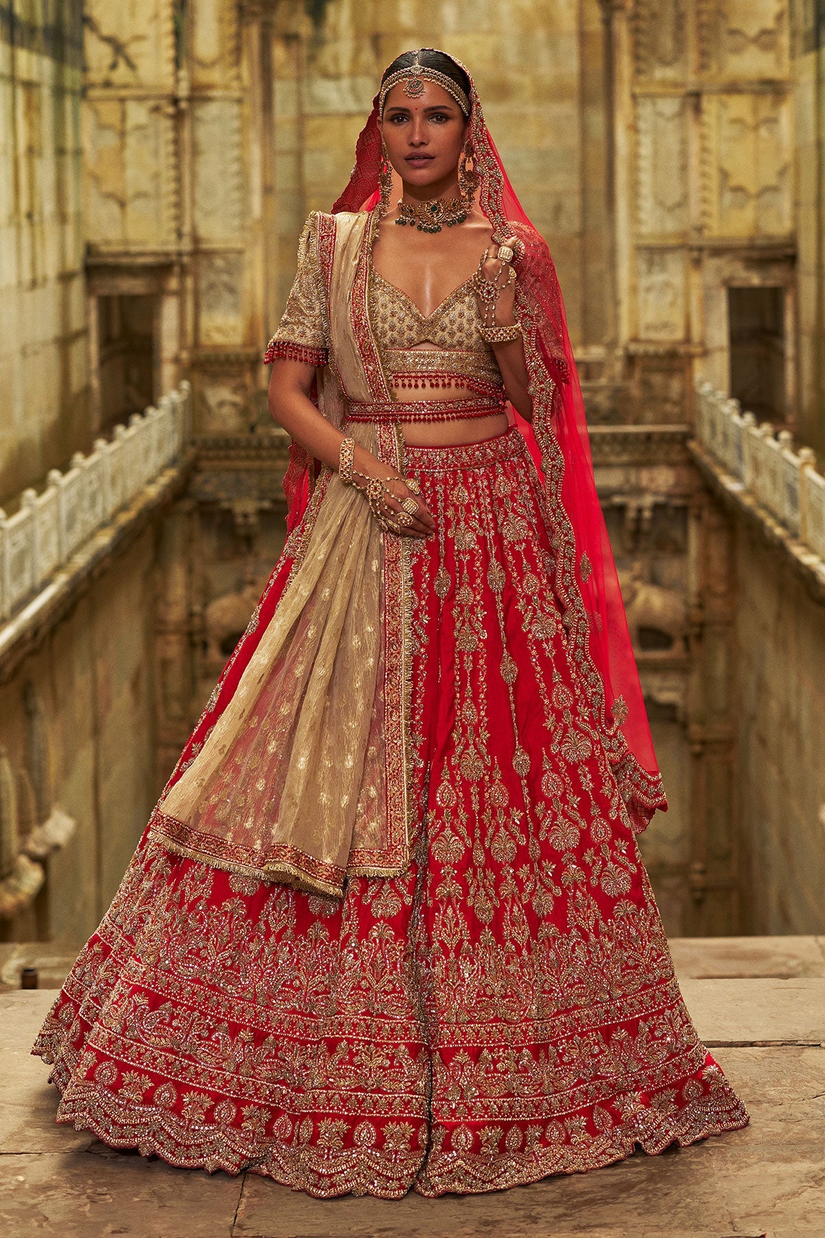 Red Raw Silk Lehenga And Gold Choli Set