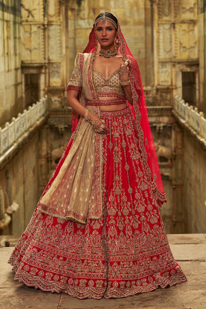 Red Raw Silk Lehenga And Gold Choli Set