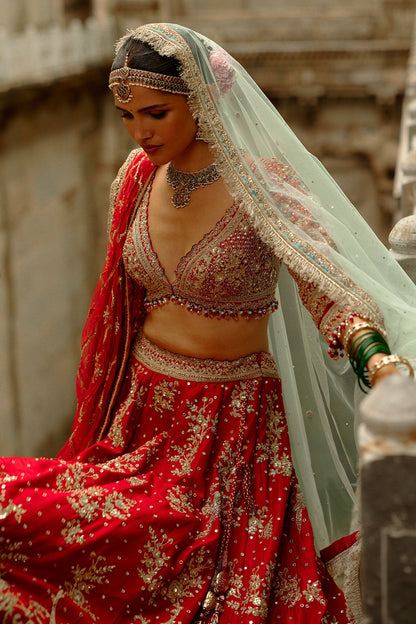 Red Raw Silk Lehenga With Multi-Bead Work