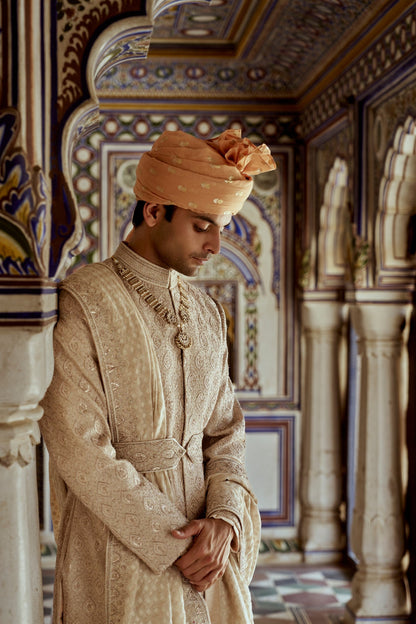 MUSHROOM RAW SILK SHERWANI WITH A COTTON SILK KURTA AND CHURIDAR