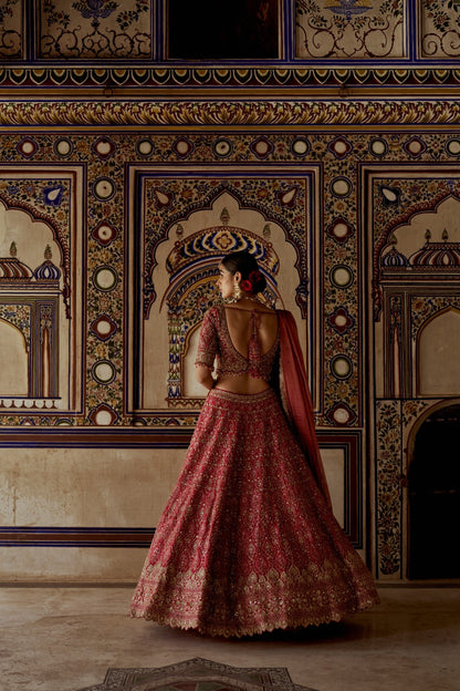 RED RAW SILK LEHENGA CHOLI WITH A NET DUPATTA
