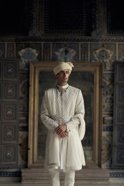 IVORY RAW SILK SHERWANI WITH KURTA AND CHURIDAR