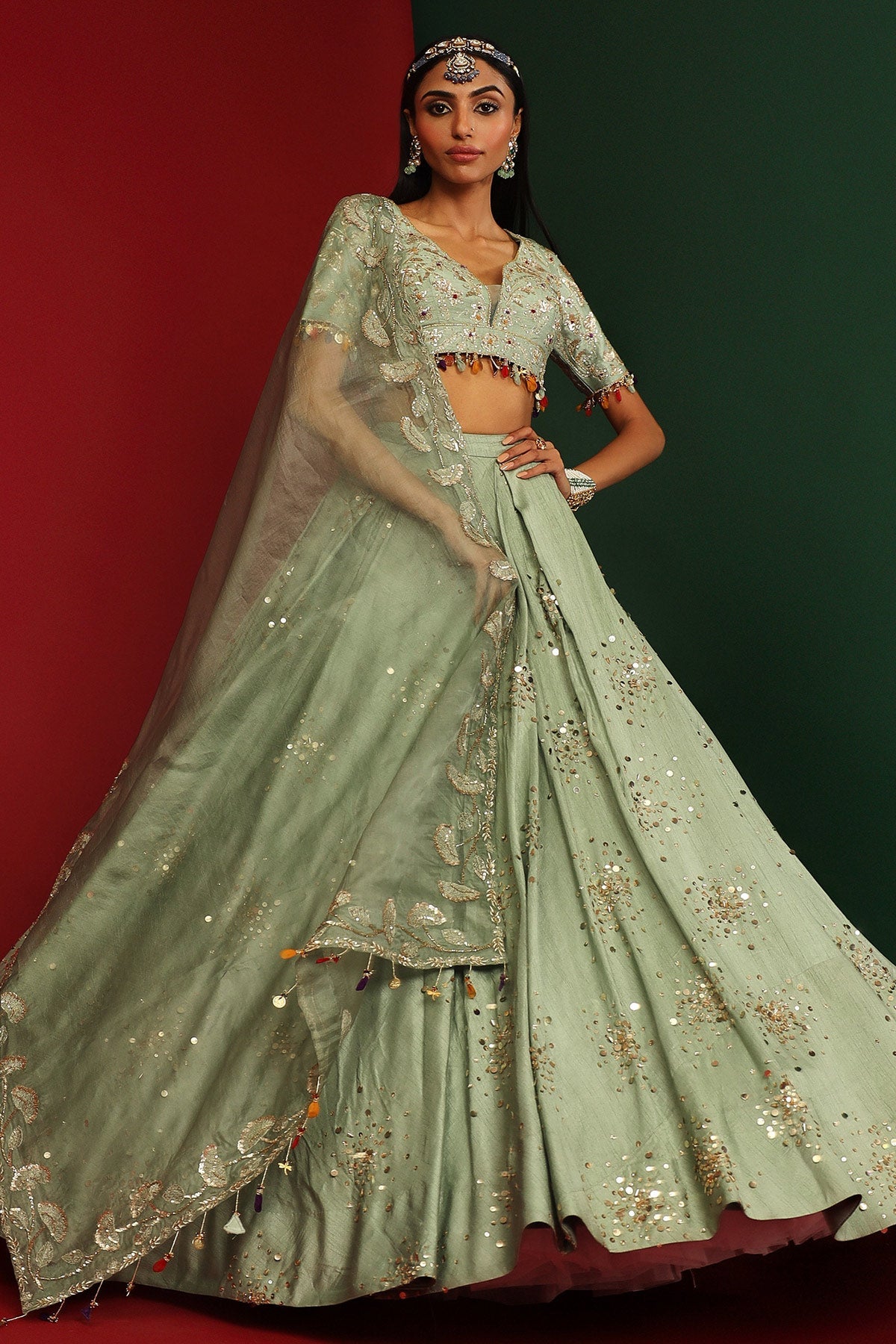 Olive Green Silk Organza Embroidered Lehenga Set
