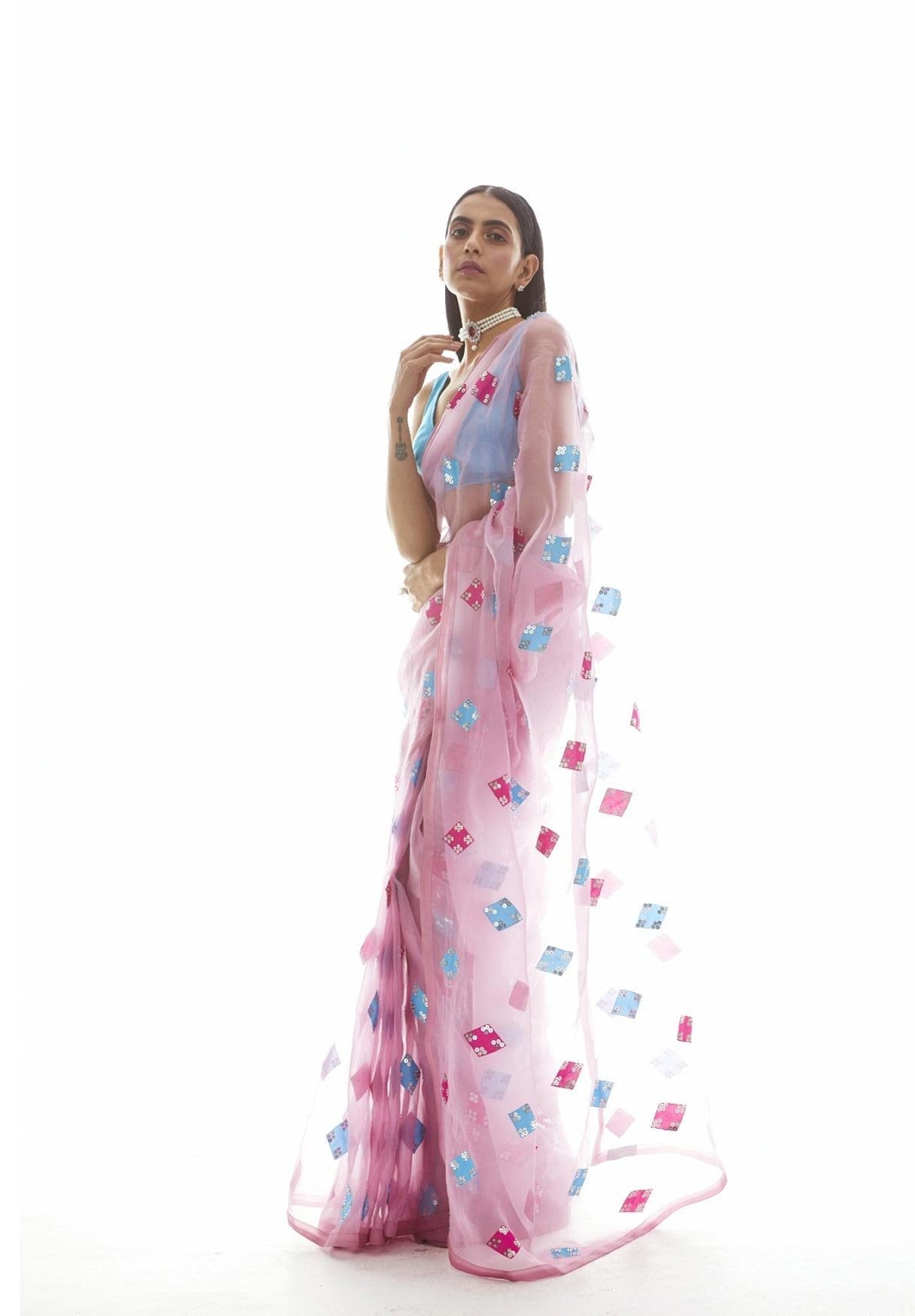 Onion Pink Applique Saree Set