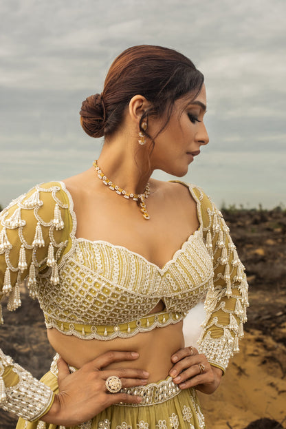 REGENA CASSANDRRA In Fern Green Chandelier Pearl Drop Lehenga set
