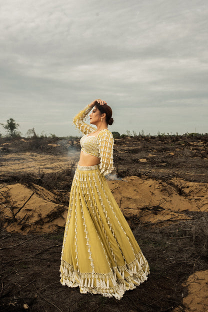 REGENA CASSANDRRA In Fern Green Chandelier Pearl Drop Lehenga set