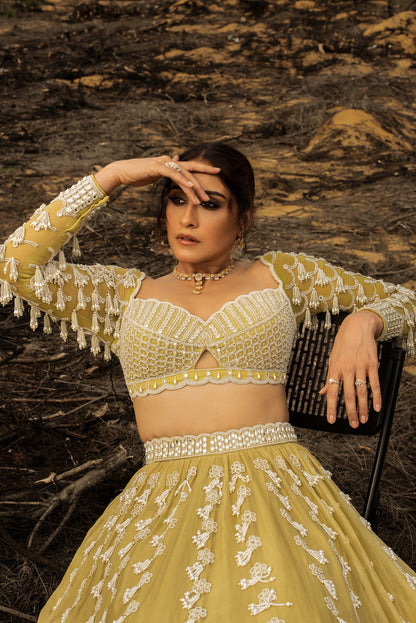 REGENA CASSANDRRA In Fern Green Chandelier Pearl Drop Lehenga set