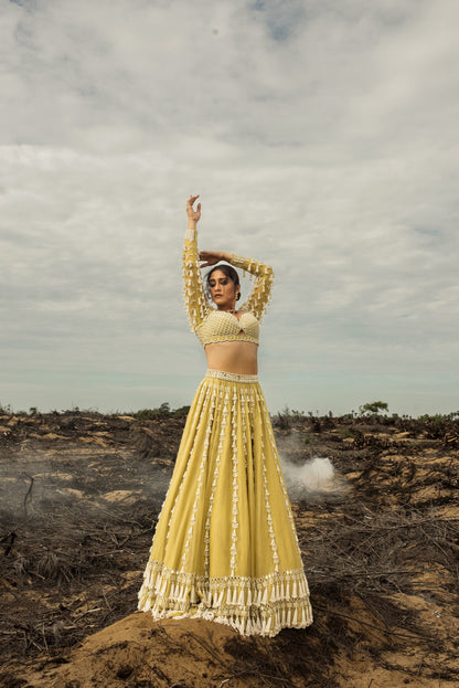REGENA CASSANDRRA In Fern Green Chandelier Pearl Drop Lehenga set