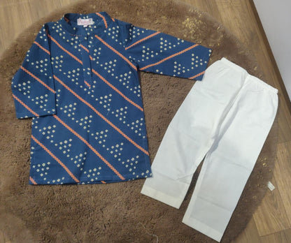 Blue Bandhej Printed Cotton Kurta with Pajama