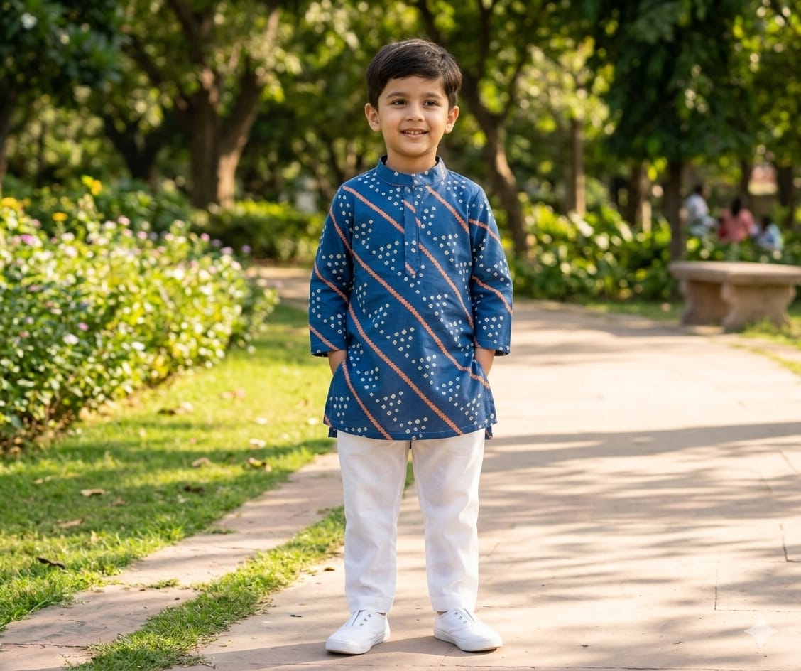 Blue Bandhej Printed Cotton Kurta with Pajama