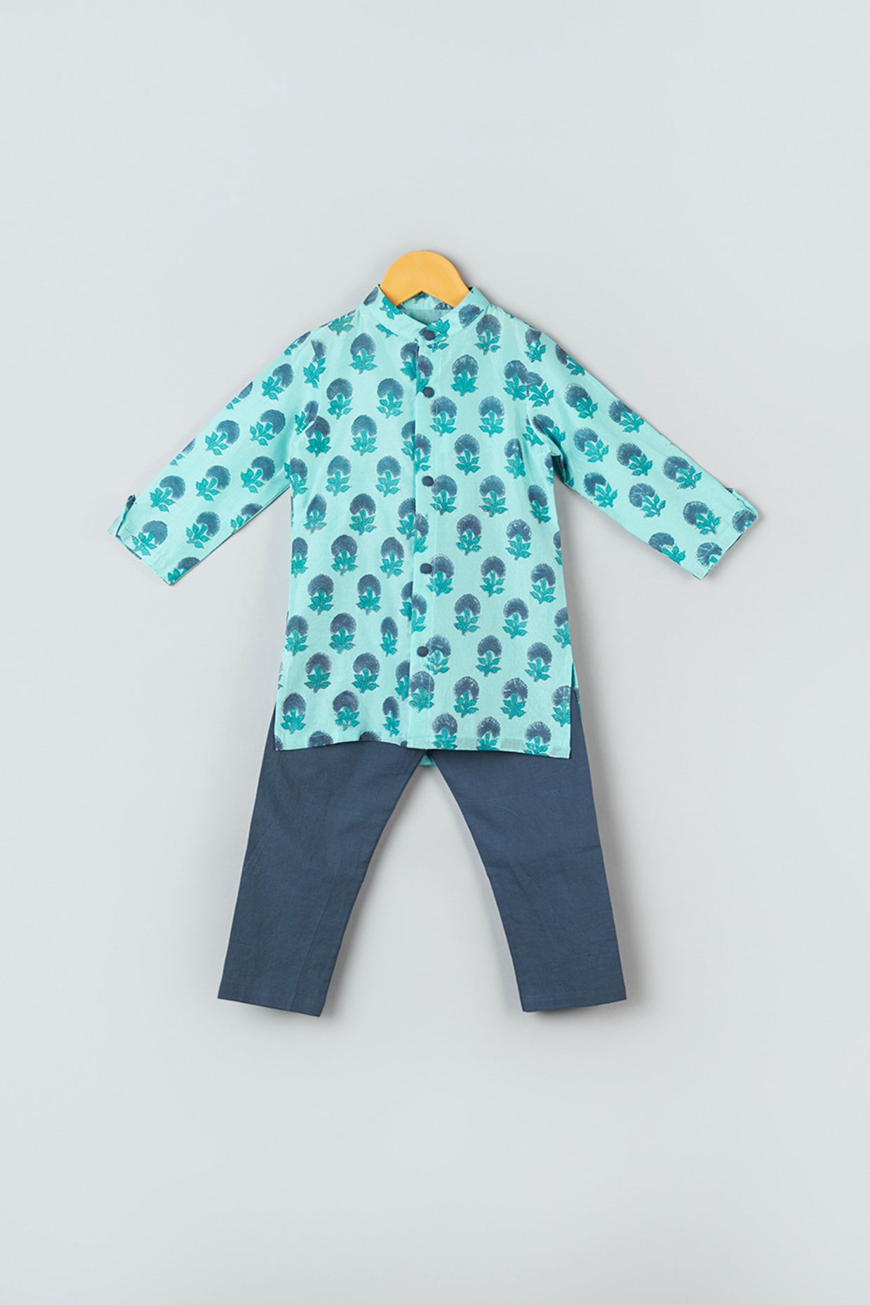 Sea Green Hand Block Printed Kurta Set For Boys by Pankhuri by Priyanka - Kids at Pernia's Pop Up Shop