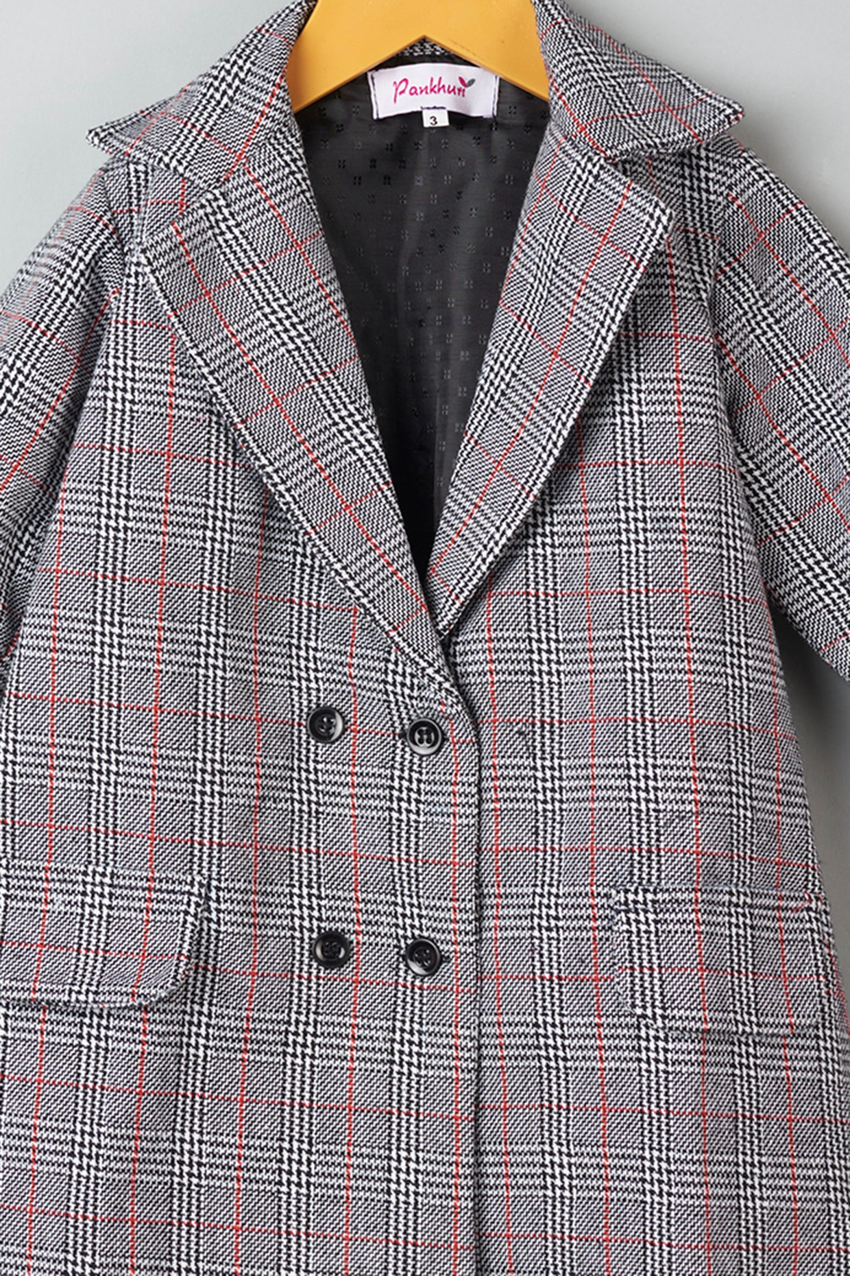 Grey & Black Checkered Blazer For Girls by Pankhuri by Priyanka - Kids at Pernia's Pop Up Shop