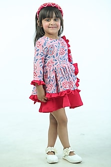 White & Red Cambric Cotton Block Printed Ruffled Dress For Girls by Pankhuri by Priyanka - Kids at Pernia's Pop Up Shop