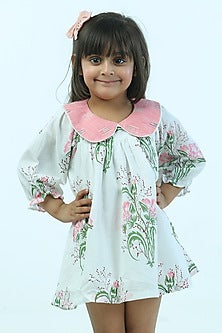 Off-White Cambric Cotton FLoral Dress For Girls by Pankhuri by Priyanka - Kids at Pernia's Pop Up Shop