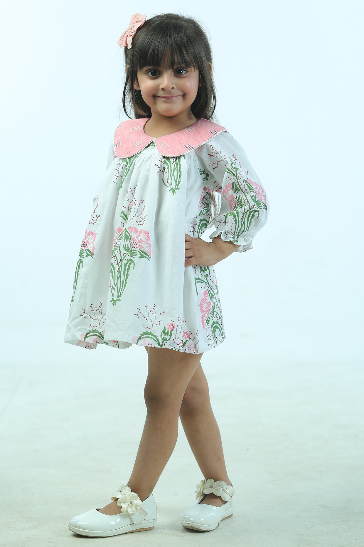 Off-White Cambric Cotton FLoral Dress For Girls by Pankhuri by Priyanka - Kids at Pernia's Pop Up Shop