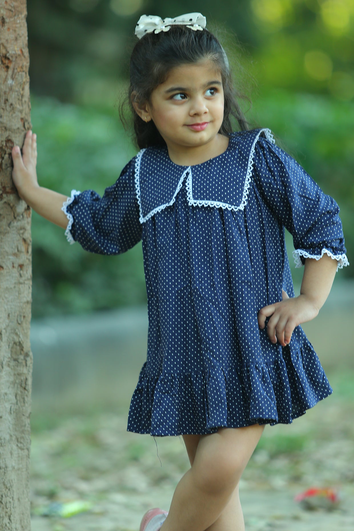 Dark Blue Mulmul Polka Dot Dress For Girls by Pankhuri by Priyanka - Kids at Pernia's Pop Up Shop