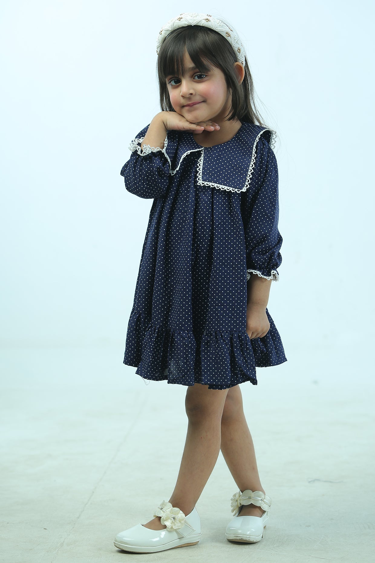 Dark Blue Mulmul Polka Dot Dress For Girls by Pankhuri by Priyanka - Kids at Pernia's Pop Up Shop