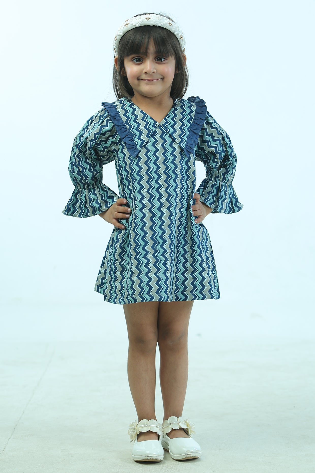 Indigo blue Cambric Cotton Ruffled Dress For Girls by Pankhuri by Priyanka - Kids at Pernia's Pop Up Shop