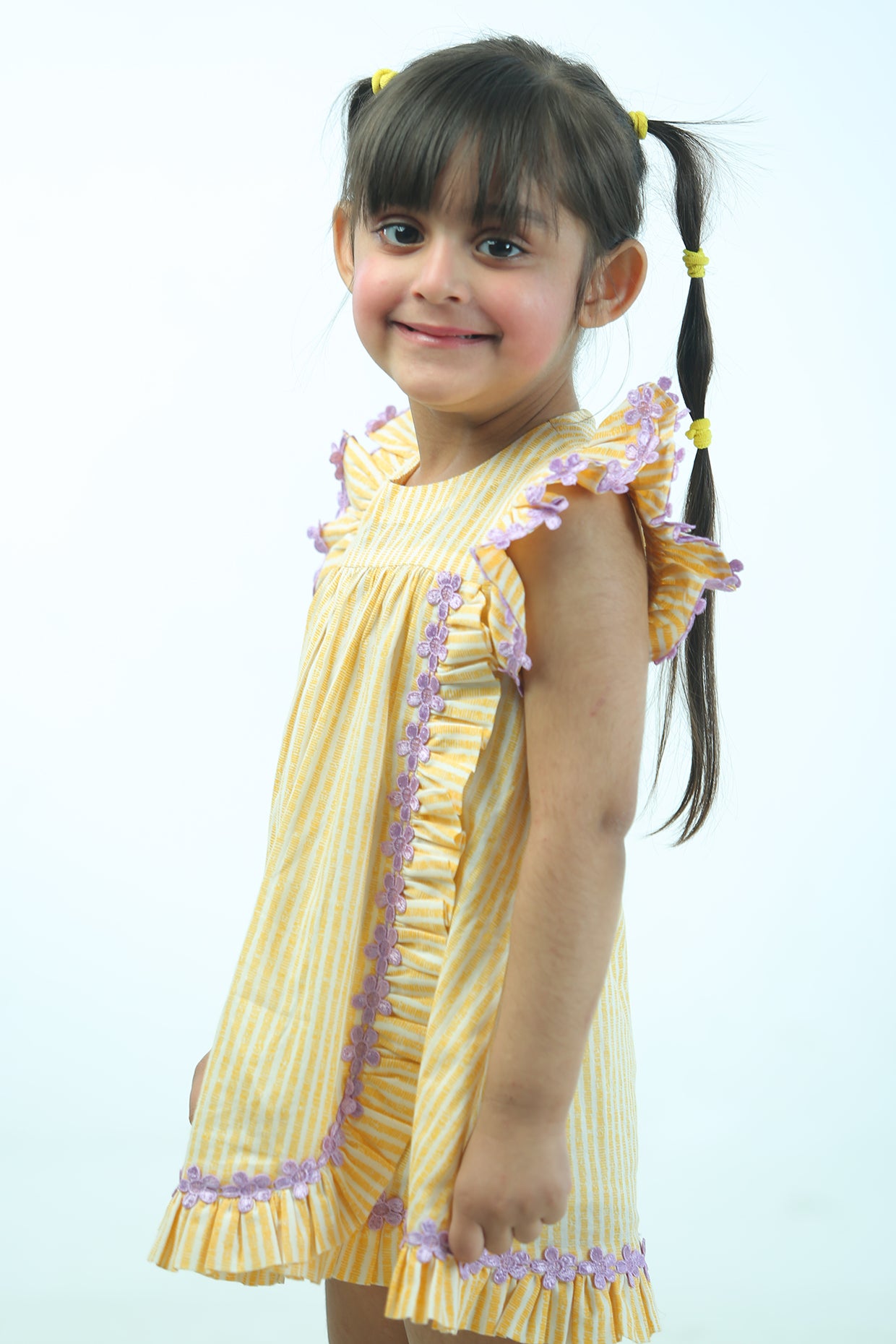 Lemon Yellow & White Cambric Cotton Striped Dress For Girls by Pankhuri by Priyanka - Kids at Pernia's Pop Up Shop